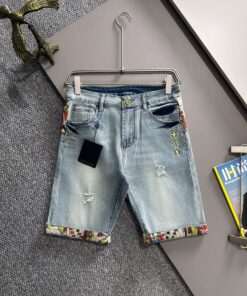 LV原單丹寧短褲 圖騰反摺拼布設計 微破壞休閒潮款