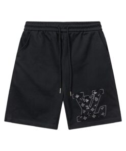 LV精品仿製黑色大LV字母短褲 簡約刺繡寬鬆休閒風