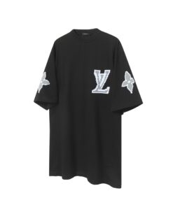 LV高仿黑色短袖T恤像素風LOGO刺繡設計潮感袖標男士寬版剪裁