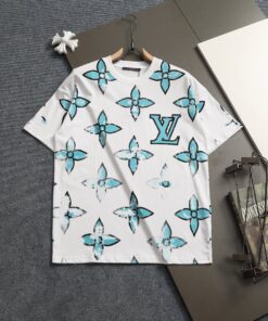 LV 高仿滿版水藍花紋短袖T恤 潮流撞色印花休閒圓領男款上衣