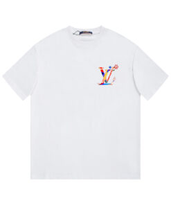 LV精品仿製白色短袖T恤插畫風彩色LOGO設計潮感男裝百搭單品