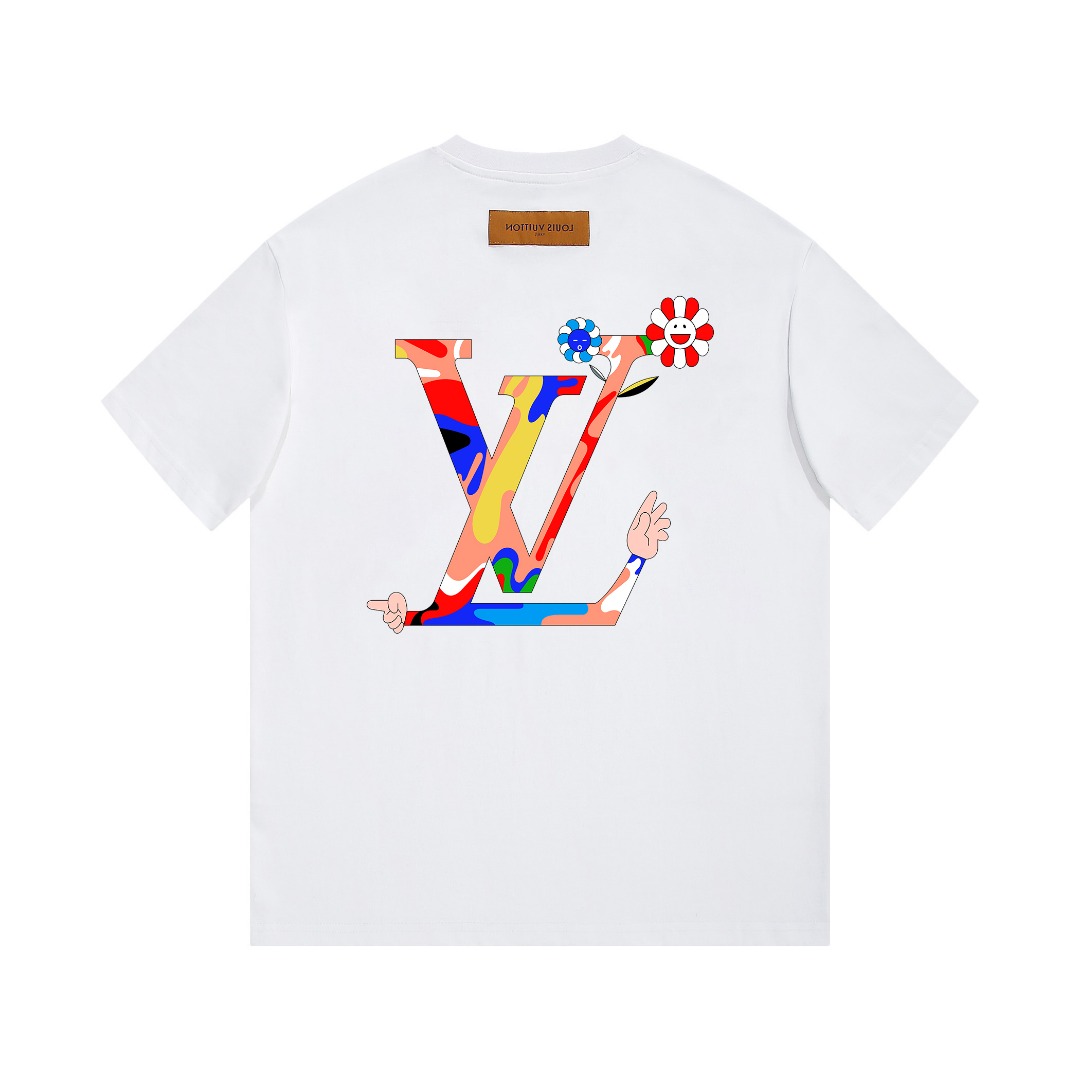 LV精品仿製白色短袖T恤插畫風彩色LOGO設計潮感男裝百搭單品｜歐美奢侈品精品推薦