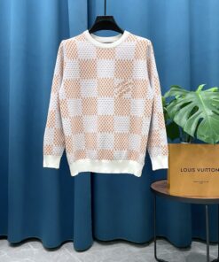 LV A貨橘白棋盤格毛衣 對比撞色字母LOGO針織