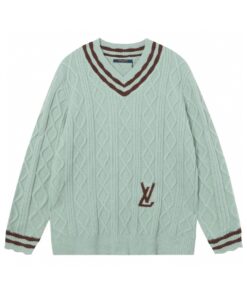 LV 精品仿製菱格紋針織毛衣 薄荷綠復古V領設計感款