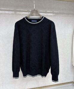 LV A貨深藍色滿版Logo針織毛衣 條紋滾邊設計休閒百搭