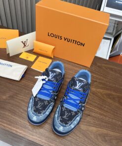 LV 一比一老花丹寧運動鞋 藍色拼接潮流款 復古街頭風