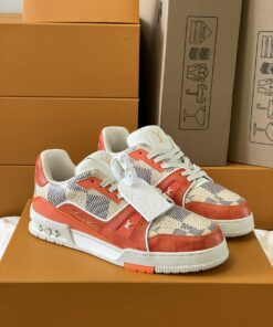 LV A貨棋盤格橘白運動鞋 撞色厚底復古設計日常百搭