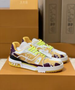 LV 精品仿製撞色運動鞋 紫黃配色塗鴉款 潮流設計感十足之選