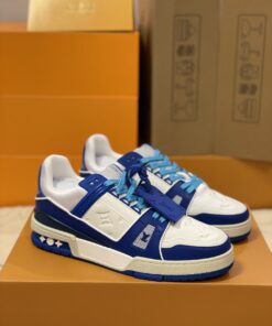 LV A貨藍白配色運動鞋 磨砂質感拼皮款 潮流撞色設計感