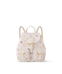 LV精品仿製女款後背包粉彩老花白色皮革 雙口袋鍊帶設計款
