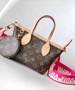 LV高仿女款迷你托特包老花配粉紅字母肩背帶附零錢包設計