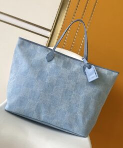 LV原單女款托特包淺藍棋盤格帆布設計 清新大容量通勤袋款