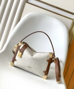 LV高仿女款手提包帆布拼接棕皮革金屬扣造型精品風格包款