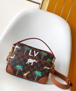 LV 一比一棋盤格動物印花郵差包 棕色皮革拼接款