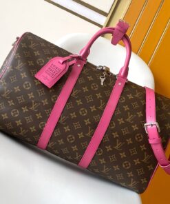 LV高仿Keepall粉色肩背旅行袋 老花帆布撞色設計附掛牌大容量