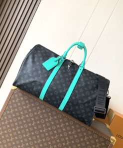 LV高仿Keepall 50旅行袋 黑Monogram亮綠飾邊 運動風大容量包款
