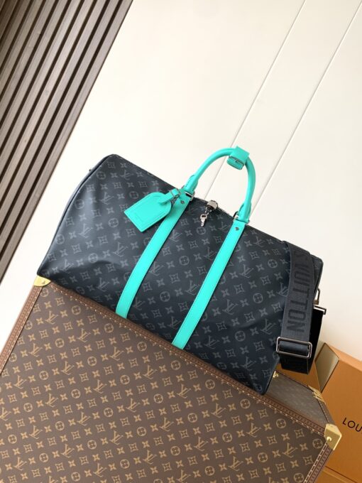 LV高仿Keepall 50旅行袋 黑Monogram亮綠飾邊 運動風大容量包款