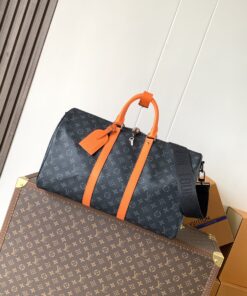 LV高仿Keepall旅行袋 黑灰Monogram橘邊 大容量輕奢男包