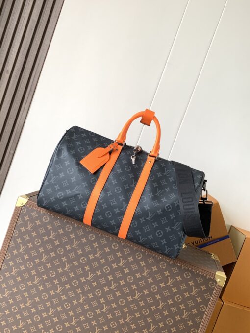 LV高仿Keepall旅行袋 黑灰Monogram橘邊 大容量輕奢男包