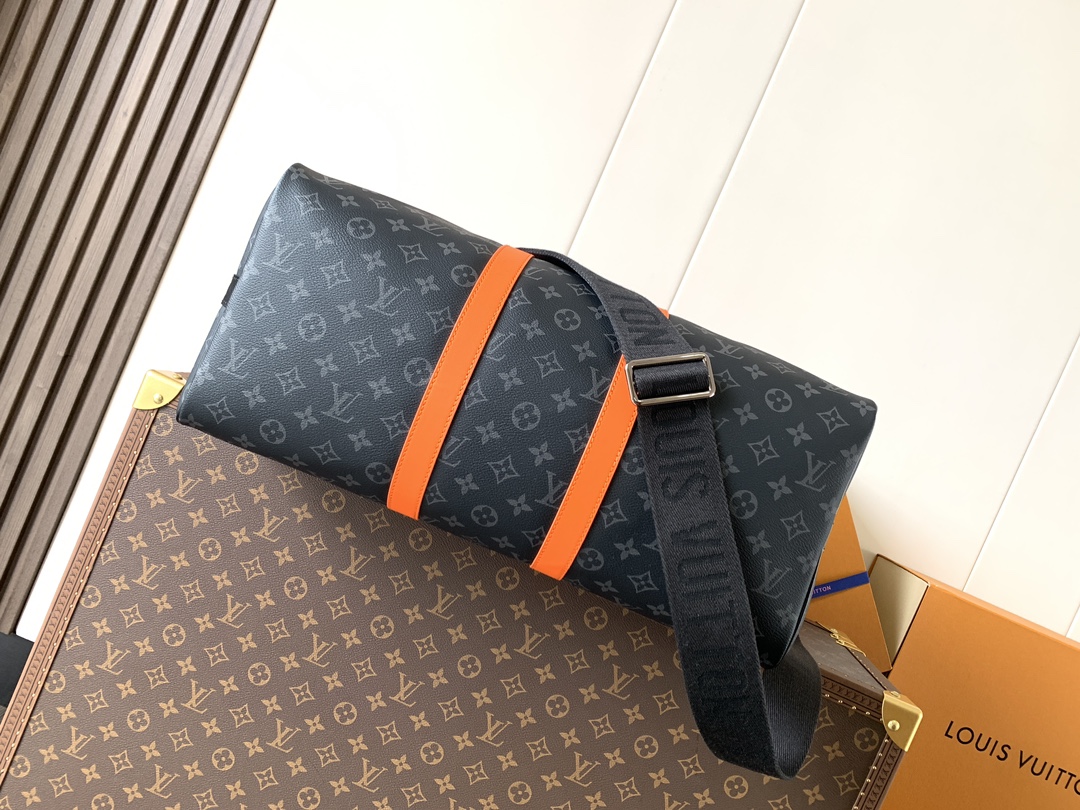 LV高仿Keepall旅行袋 黑灰Monogram橘邊 大容量輕奢男包｜歐美奢侈品精品推薦