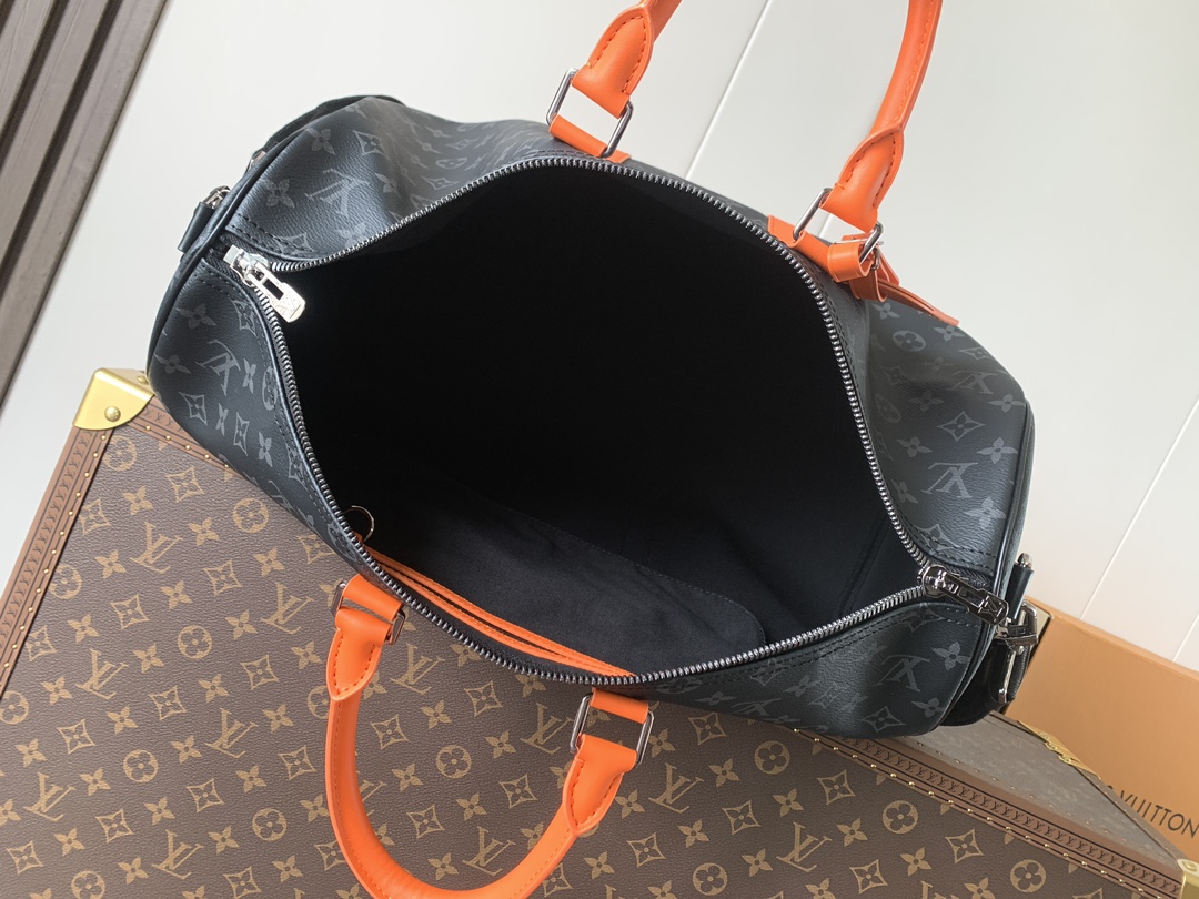 LV高仿Keepall旅行袋 黑灰Monogram橘邊 大容量輕奢男包｜歐美奢侈品精品推薦