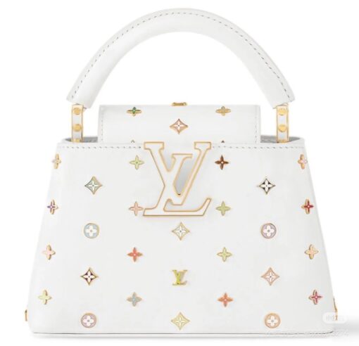 LV高仿Capucines Mini白色手提包 彩色Monogram金屬飾標款
