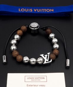 LV高仿男女款銀色金屬木質珠串飾手環低調百搭休閒款