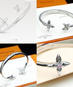 LV一比一銀色開口手環經典花形鑽飾優雅款