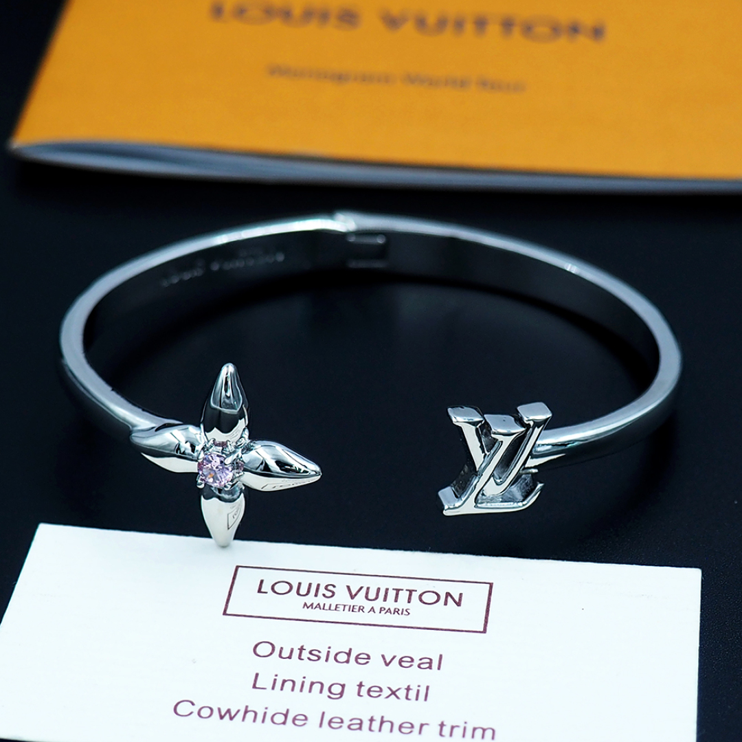 LV一比一銀色開口手環經典花形鑽飾優雅款｜歐美奢侈品精品推薦