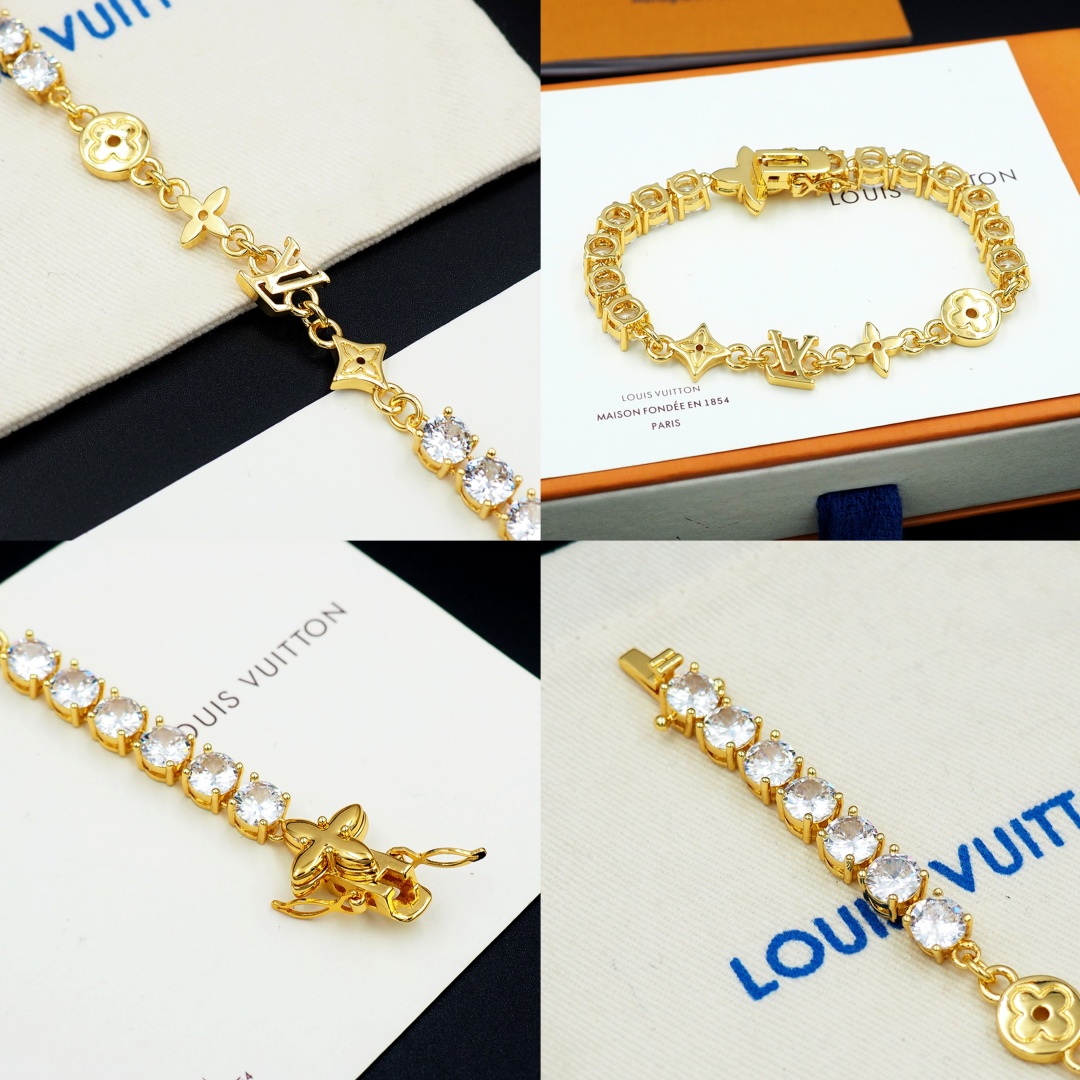 LV高仿仿製黃金色鋯石拼接Monogram元素手鏈｜歐美奢侈品精品推薦