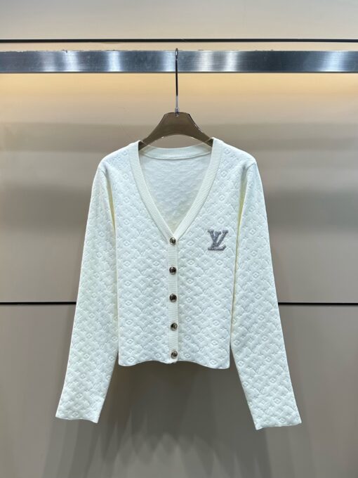 LV高仿白色V領Logo針織開衫外套氣質百搭款