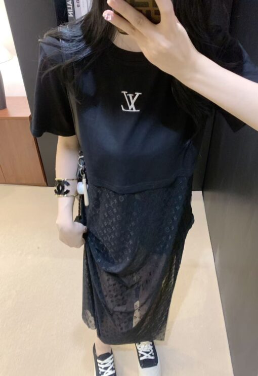 LV 一比一拼接網紗洋裝 黑色短袖Logo長裙款