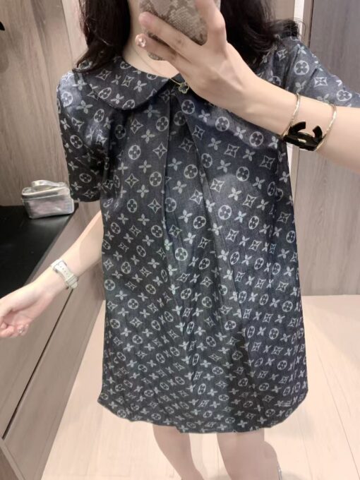 LV 一比一連衣裙 黑色短袖娃娃領印花洋裝
