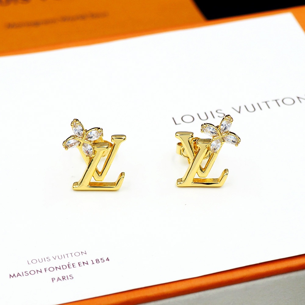 LV Logo鑲鑽花朵耳釘 銀色金色時尚百搭款｜歐美奢侈品精品推薦
