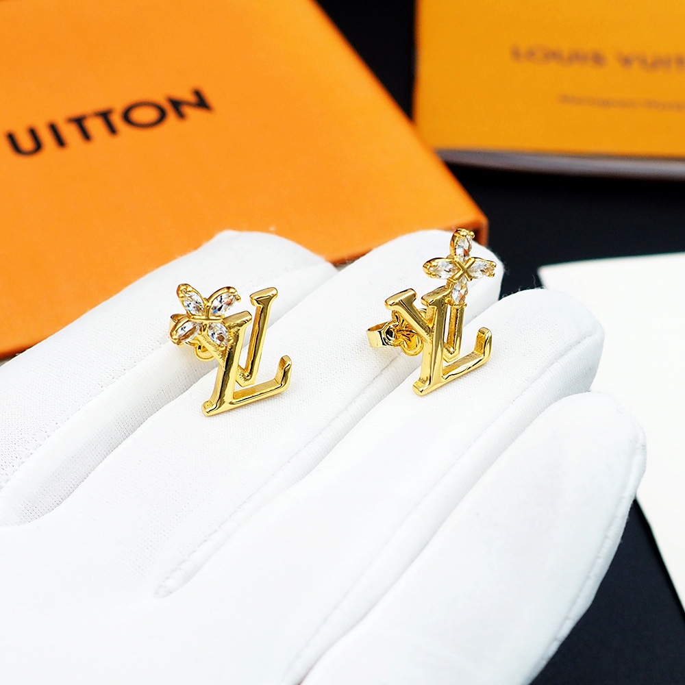 LV Logo鑲鑽花朵耳釘 銀色金色時尚百搭款｜歐美奢侈品精品推薦
