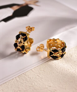 LV高仿女士耳環黑色皮革編織金色飾邊精品款