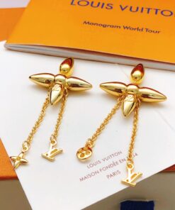 LV高仿金色耳環Monogram立體花瓣垂墜雙吊飾款