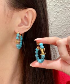 LVA貨藍色石珠耳環金色品牌標誌設計款