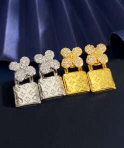 LV精品仿製鎖頭造型鑽飾耳環金銀雙色款