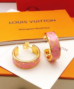LV精品仿製粉色Monogram寬版耳環金色邊框款