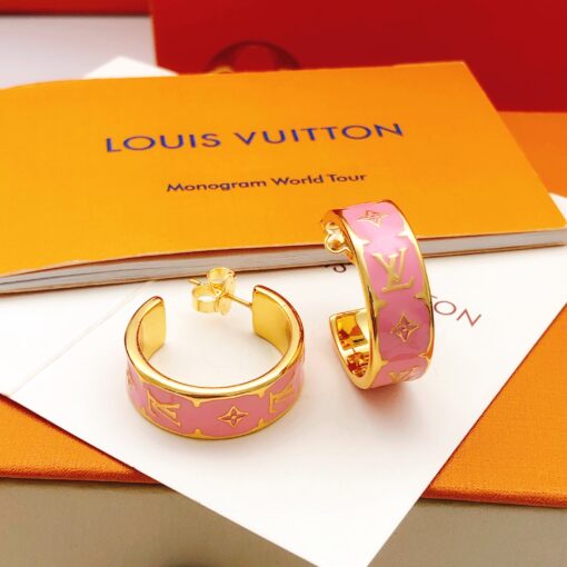 LV精品仿製粉色Monogram寬版耳環金色邊框款