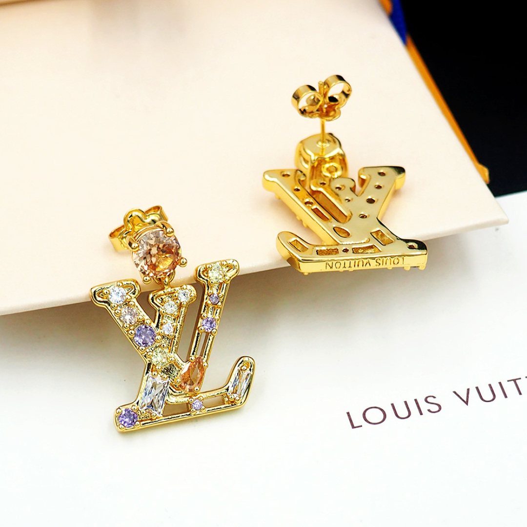 LV原單女士耳環 經典字母設計 彩鑽點綴 高雅百搭單品｜歐美奢侈品精品推薦