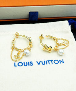 LV高仿金色鏈條珍珠耳環 女士時尚氣質百搭耳飾