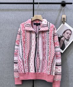 LV高仿女士針織外套 粉色拼接條紋老花拉鍊上衣