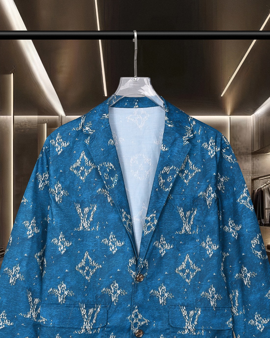 LV 原單男士西裝外套 藍色Monogram印花 商務與休閒兼具｜歐美奢侈品精品推薦