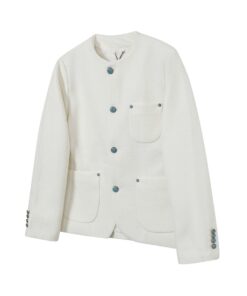 LV高仿男款圓領外套奶油白藍釦設計優雅紳士感款式