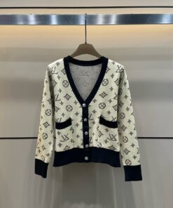 LV 原單女士針織外套奶白黑邊Monogram經典V領開襟款