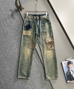 LV 高仿男士牛仔褲拼接做舊設計潮流復古款