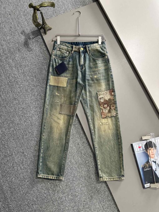LV 高仿男士牛仔褲拼接做舊設計潮流復古款