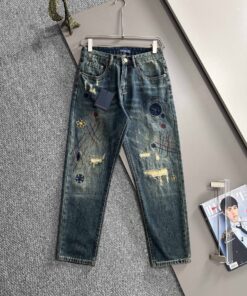 LV 原單男士牛仔褲手工刺繡做舊設計潮流復古款
